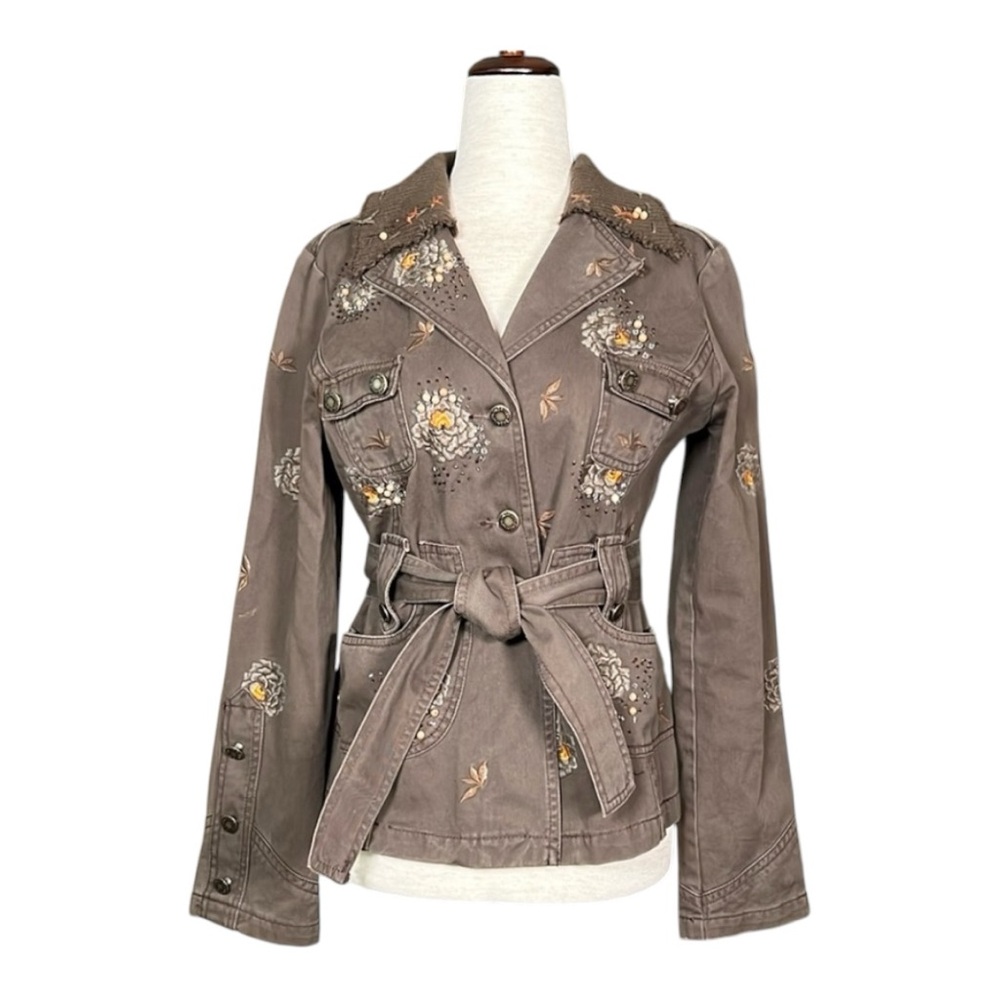 Sugar Lips Army Green Floral Embroidered Embellished Military Jacket Siz…